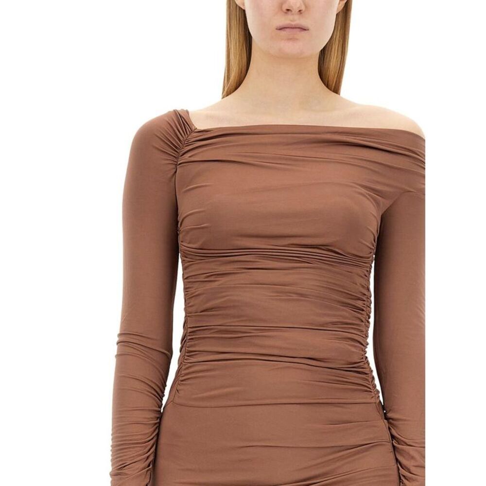 HELMUT LANG Asymmetrical Ruched Maxi Dress Women Beige Dresses - Picture 4 of 4